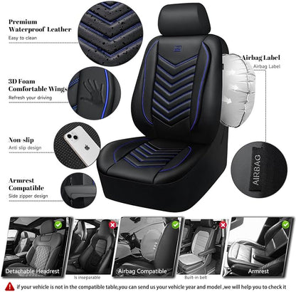 CAR PASS 3D Foam Faux Leather Seat Covers Front Seats,Waterproof Leather Front Seat Cover for Car,Universal Fit for SUV Truck Sedan Automotive,Armrest Airbag Compatible Anti-Slip, Black and Blue