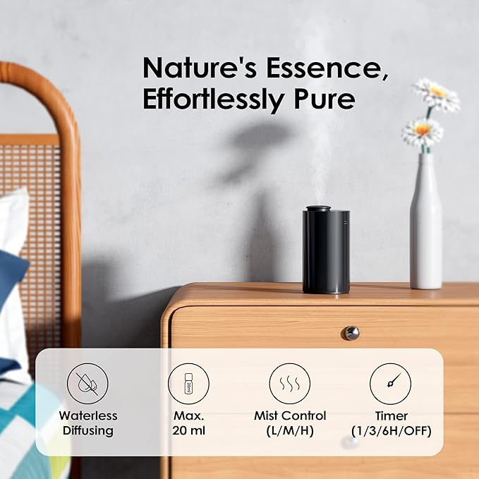Airversa Waterless Essential Oil Diffuser Starter Kit with 30mL Hotel Fragrance Oil Inspired by Blagio, Battery Operated Car Diffuser, Portable Aroma Nebulizer for Home Car Office, AN6Kit-D, Black