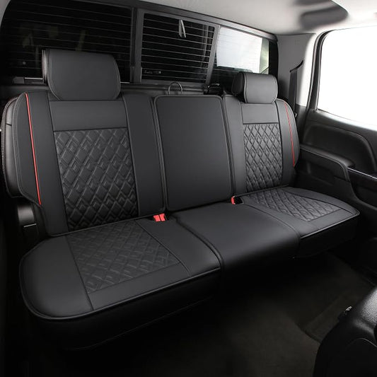 JOJOBAY Chevy Silverado Seat Covers,Leather Seat Covers for GMC Sierra,Custom Fit 2007-2026 1500 2500HD 3500HD Crew Double Extended Regular Cab,LT LZT RST(Rear Seat Covers,Black Red)