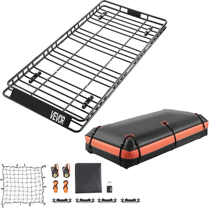 VEVOR Roof Rack Basket, 84 x 39 x 4.1 in, Universal Rooftop Cargo Carrier with 7.9 x 3.9 x 10.2 in Cargo Bag, Net, Ratchet Straps, 250 lbs Max Load Capacity Car Top Luggage Holder, for SUV Truck Car