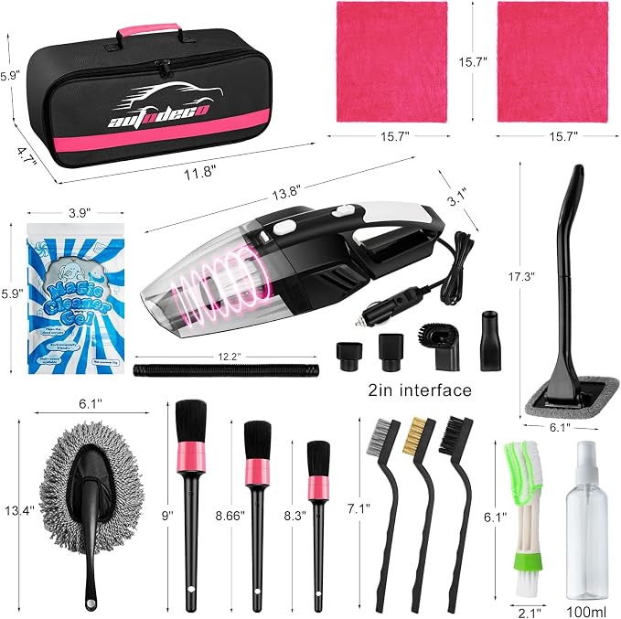 20Pcs Car Cleaning Wash Kit Interior Detailing Cleaner Kit with High Power Handheld Vacuum, Brush Set, Windshield Tool, Duster, Towels, Complete Car Care Tools, Pink
