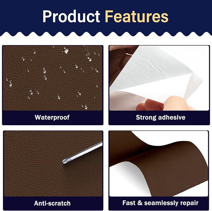 Zenyao Leather Repair Patch Tape - Self Adhesive Leather Repair Kit for Car Seat Furniture, Heavy Duty Vinyl Repair Patch for Couch Sofa, Waterproof for Rips Scratches Tears, 16x60 Inch Roll, Brown