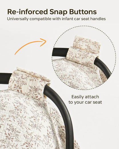 100% Muslin Cotton Car Seat Cover, Soft Breathable Car Seat Canopy for Baby, Universal Infant Carseat Sunshade, Lightweight Summer Stroller Cover for Boys Girls - Floral Print