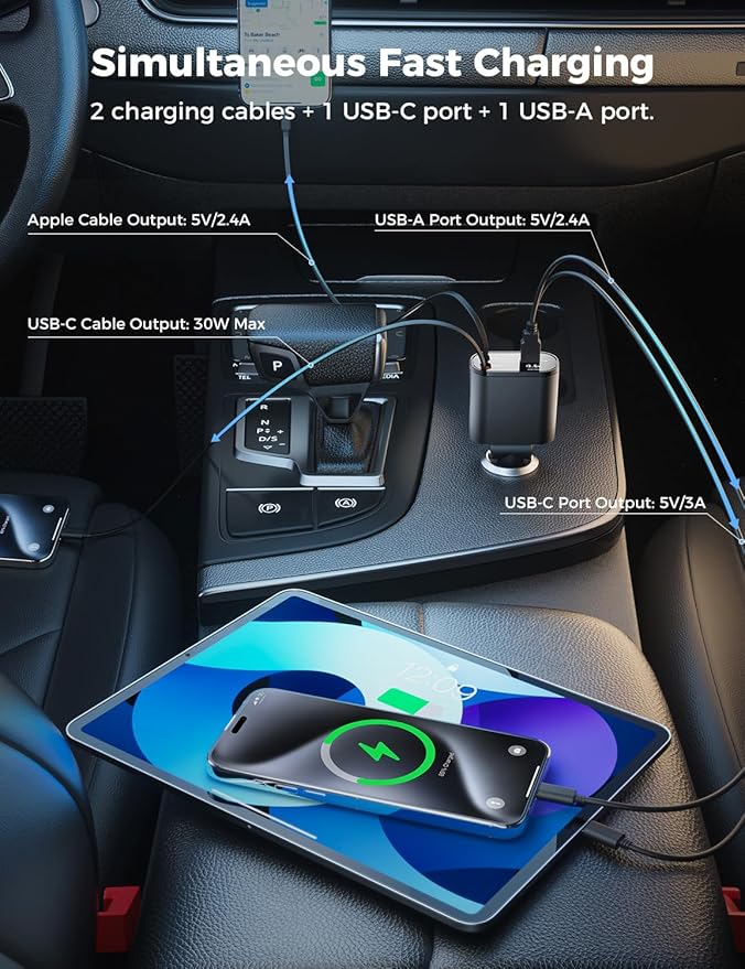 [Upgraded] SUPERONE Retractable Car Charger 4 in 1, Fast Car Phone Charger with Cord 2.6ft, USB C and Apple Car Adapter, Compatible with iPhone 17 16 15/15 Pro Max/14/13/12/11, Galaxy, Pixel