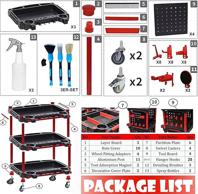Car Detailing Cart – Auto Detailing Tool Cart with 4 Tool Hanging Board,360° Lockable Universal Wheels, 3 Tier Car Wash Detail Cart for Professional Detailing (4 Tool Hanging Board)