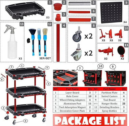 Car Detailing Cart – Auto Detailing Tool Cart with 4 Tool Hanging Board,360° Lockable Universal Wheels, 3 Tier Car Wash Detail Cart for Professional Detailing (4 Tool Hanging Board)