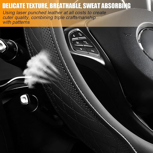 Zpana Car Steering Wheel Cover, 14.5-15" Breathable Soft Leather Vehicle Steering Wheel Protector with Anti-Slip Lining, Comfortable Auto Interior Decoration Accessories, Universal Fit (Black)
