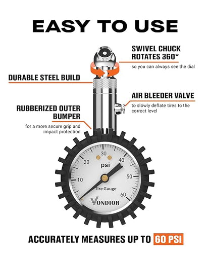 Tire Pressure Gauge - (0-60 PSI) Heavy Duty, Certified ANSI Accurate with Large 2 Inch Easy to Read Glow Dial, Low - High Air Pressure Gauge. Tire Gauge for Car and Trucks Tires by Vondior