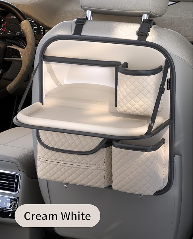 PU Leather Backseat Car Organizer with Tray, Cup Holder, Tablet Pocket & Tissue Holder, Back Seat Car Organizer for Kids and Women, Universal Car Seat Storage Organizer (Beige)