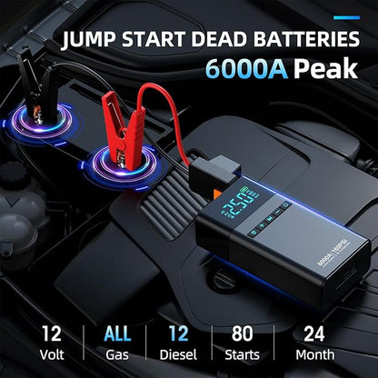 10-in-1 Portable Car Battery Jump Starter with Air Compressor, 6000A 160PSI Portable Car Jumper Starter (All Gas 12L Diesel), 12V Jump Box Car Battery Jump Starter with Jumper Cables, Lights