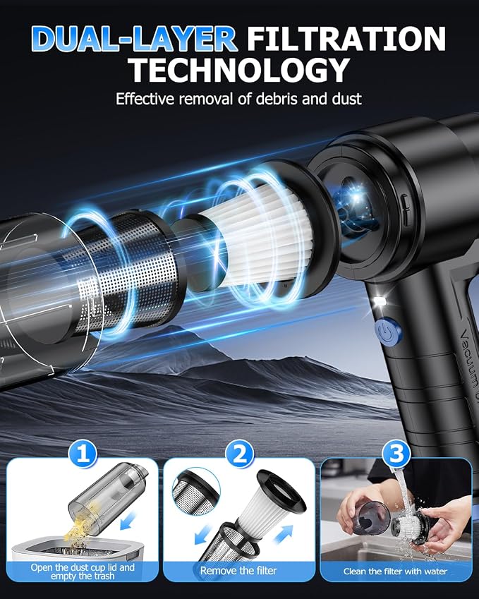 AHNR Handheld Car Vacuum Cleaner Cordless with 16000PA Powerful Suction, 4-in-1 Portable Mini Vacuum Cleaner & Air Duster with Multi-Accessories, Hand Held Vacuum Cordless Rechargeable for Car Home