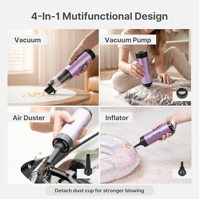 Shop-Vac S4 Mini Car Vacuum Cordless, 15000Pa 4-in-1 Portable Handheld Desk Vacuum & Air Duster with Brushless Motor, LED Light, Multi-Nozzles, 2 Modes, for Car, Office, Keyboard Cleaning (Purple)