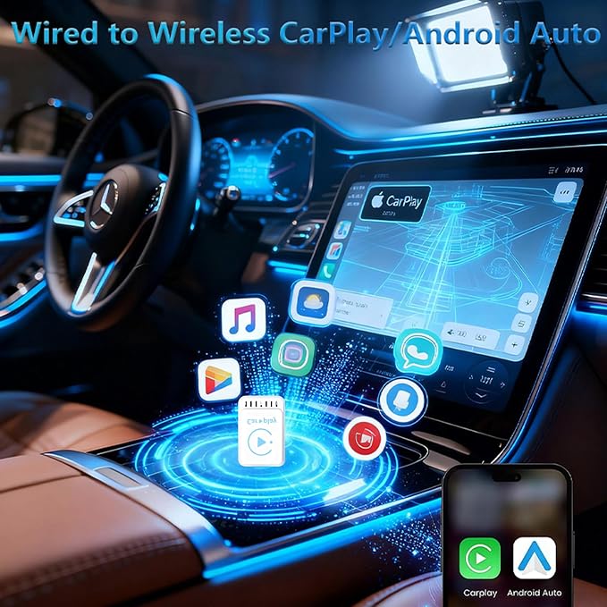 2025 Newly Upgraded Wireless CarPlay Adapter: Slim, Lightweight and Portable, Plug-and-Play. Easy to Operate with Stable Connection and no lag, Compatible with iPhone and Android Devices.