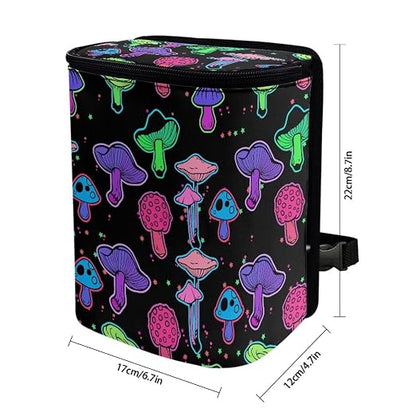 Rainbow Trippy Mushroom Print Car Trash Can with Lid and Zipper Portable Foldable Garbage Can Bag Hanging for Headrest Leakproof Organizer and Storage Bag Retro Car Interior Accessories