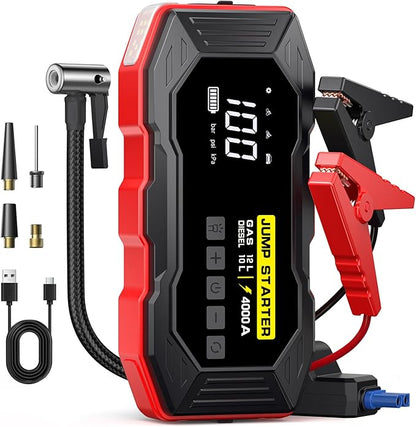 Jump Starter with Air Compressor 4000A Portable Car Battery Jump Starter (All Gas/10L Diesel), 160PSI Auto-Shutoff Tire Inflator Air Compressor, SuperSafe 12V Jump Box Car Battery Jumper Booster