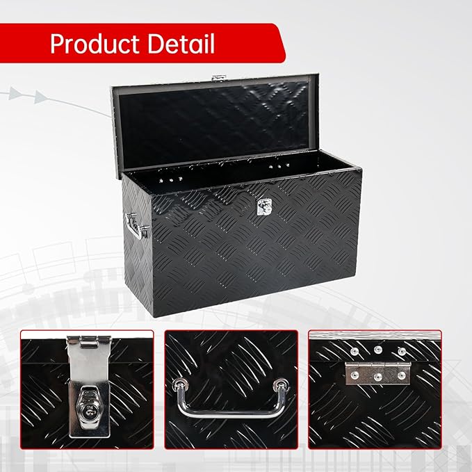 24'' Inch Stripes Plated ATV UTV Aluminum Tool Box Truck Bed Toolbox Waterproof Square Storage Organizer with Lock and Keys Black(‎24" L x 9.5" W x 12.5" H)