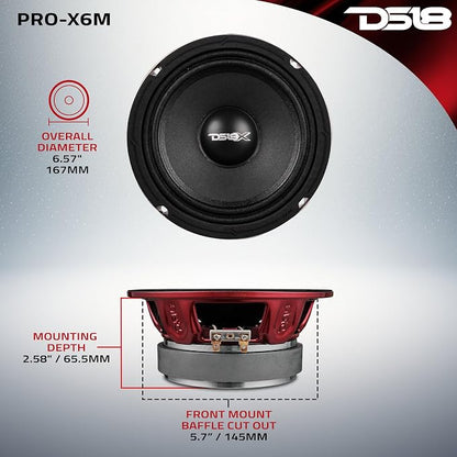 DS18 PRO-X6M Loudspeaker - 6.5", Midrange, Red Aluminum Bullet, 450W Max, 225W RMS, 8 Ohms - Premium Quality Audio Door Speakers for Car or Truck Stereo Sound System (1 Speaker), Classic