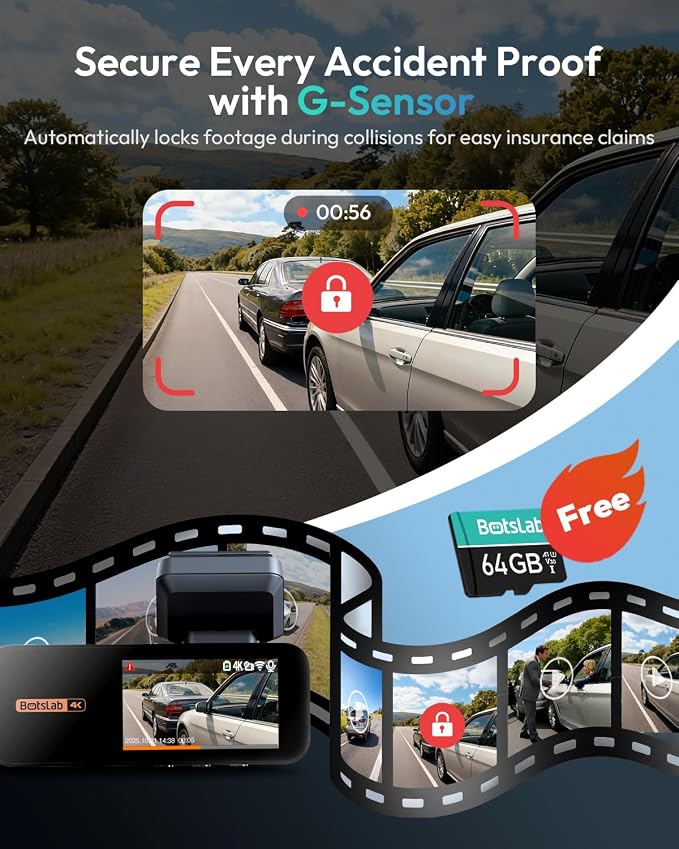 BOTSLAB 4K Dash Cam Front and Rear[2026 Upgraded], 64GB SD Card Included, STARVIS Sensor, 170° Ultra Wide 4K+2K Dashcam with ADAS, Night Vision, 24/7 Parking Mode, WDR, 5.8GHz WiFi, GPS,Loop Recording