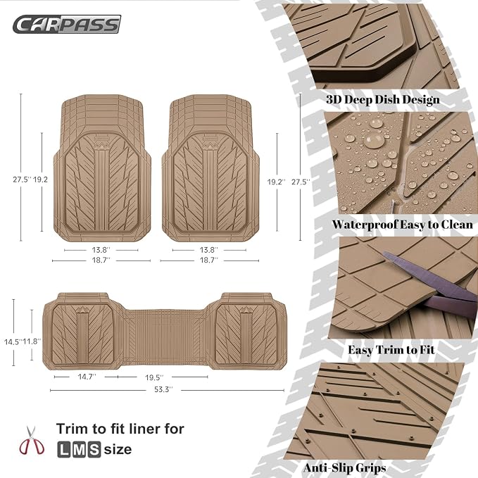 CAR PASS Heavy Rubber Car Floor Mats, Deep Waterproof Car Mats All Weather, Universal Trim-to Fit Automotive Floor Mats for Car SUV Truck Van, Durable Floor Liners All Beige