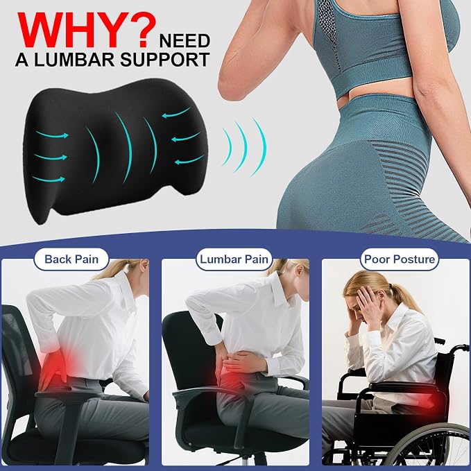 BYMECOST Lumbar Support Pillow for Car, Memory Foam Car Seat Back Support Pillow for Driving, Back Cushion with Strap for Pain Relief, Ergonomic Back Cushion for Office Chair, Wheelchair (A-Black)