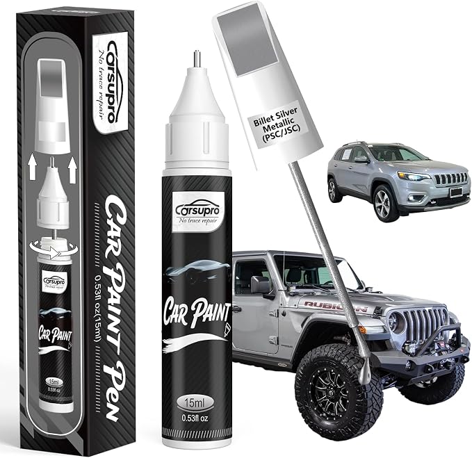 Billet Silver Metallic(PSC/JSC) for Jeep Touch Up Paint Pen, 2 in 1 Car Scratch Remover with Pen Tip and Brush, Precise Color Match for Car Paint Scratch Repair, Quickly and Easily Fix Chips and Nicks