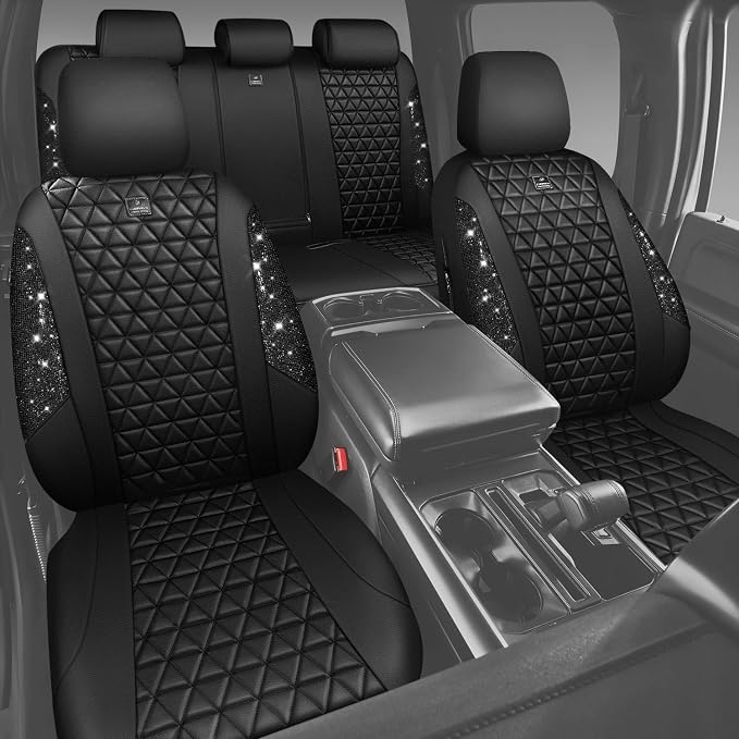 CAR PASS Bling Diamond Leather Car Seat Covers 2 Front Seats Interior Sets, Waterproof Shining Glitter Sparkly Crystal Universal Armrest Fit Automotive Truck SUV Cute Women Girl, Black PU Rhinestone