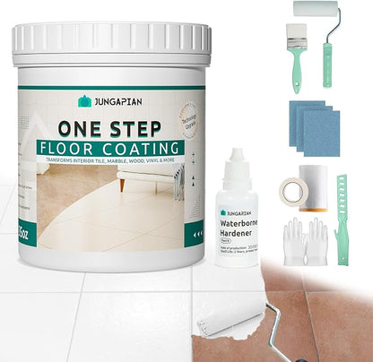 One Step Interior Floor Coating Kit, Water-based & Low Odor One-Step Floor Paint, High Hardness Waterproof Paint for Ceramic, Porcelain, Fiberglass, Hardwood, Laminate, Vinyl, 35OZ, White