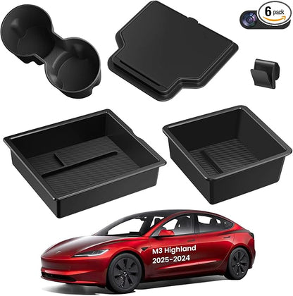 BANKKY 6PCS Center Console Organizer Tray for Tesla Model 3 Highland 2024 2025 Car Accessories with Armrest Storage Tray, Hidden Storage Box, Cup Holder Insert, Camera Privacy Cover, Glove Box Hook
