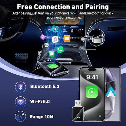 UANTIN Wireless CarPlay Adapter 2025 Upgrade Wired CarPlay to Wireless, Mini USB Design for Cars with Built-in Wired Apple Car Play Plug and Play Easy Use Fast Stable Connection for iPhone