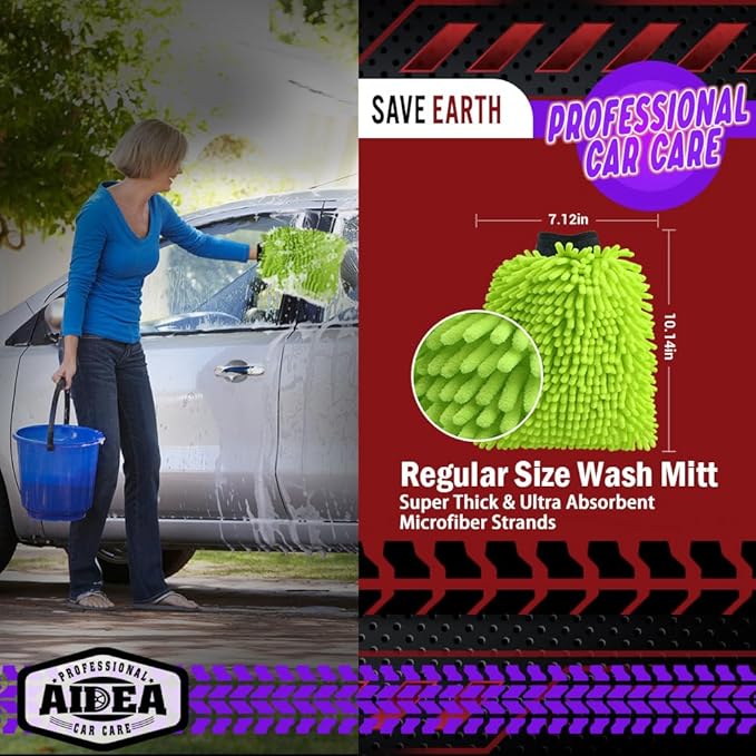 AIDEA Car Wash Mitt Microfiber, 1PK-Scratch-Free& Lint-Free, Premium Chenille Microfiber Mitt Car Wash Brush-Green Regular Size (7.12''X10.14'')