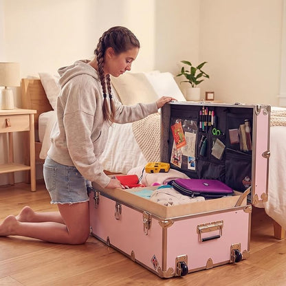 Sanwuta 30" L x 17.5" W Camp Trunk Organizer Trunk Lid Organizer for Summer Camp with 7 Pockets Plastic Mirror and Flashlight for Secure College Dorm Storage Chest