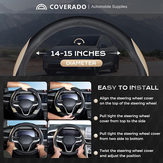 Coverado Nappa Leather Steering Wheel Cover Universal 14-15 Inch Anti-Slip Breathable Steering Wheel Protector Luxury Auto Decor for Men Women Black Brown