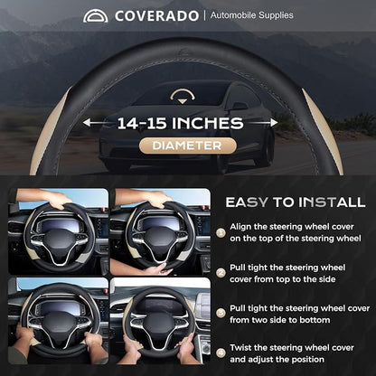 Coverado Nappa Leather Steering Wheel Cover Universal 14-15 Inch Anti-Slip Breathable Steering Wheel Protector Luxury Auto Decor for Men Women Black Brown