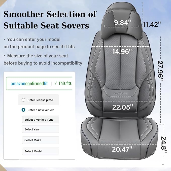Coverado Universal Seat Covers Front, 2-Pack Universal Seat Covers for Cars, Waterproof Nappa Leather Car Seat Covers with Head Pillow, Auto Protectors Fit for Most Sedans SUV Pick-up Truck-Gray