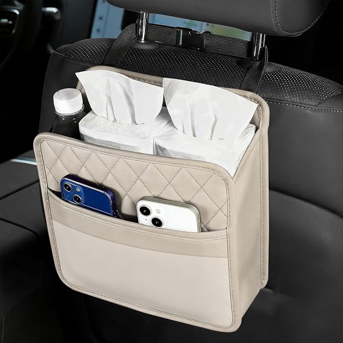 Car Seat Back Organizer, Leather Backseat Hanging Storage Bag, Multipurpose Car Hanging Trash Bag with 2 Compartments, Car Large Capacity Pouch Pocket for Kids & Adults (Beige/Transparent Bag)