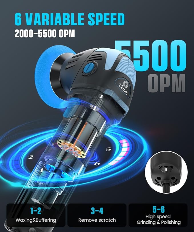 Mini Polisher, 2inch/ 3inch 750W Car Buffer with 12mm Random Orbital-Improve Work Efficiency by 35%, with 16pcs Trapezoidal Polisher Pads &16.4 ft Cord, for Car Detailing and Waxing