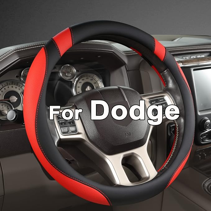West Llama Customized Auto Car Steering Wheel Cover for Dodge RAM 1500 2500 3500, 15.5-16 inch (Black+Red-Large Size)