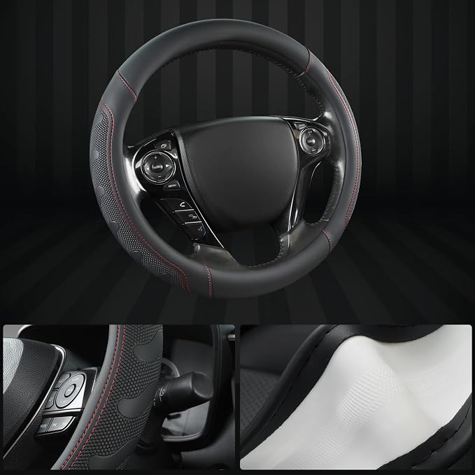 GIANT PANDA Microfiber Leather Steering Wheel Cover for Honda Accord,Civic,CR-V,HR-V,Pilot(Black+Red Line-Standard Size)