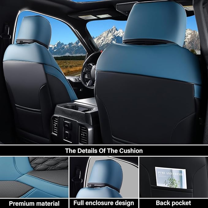 Coverado RAM Seat Covers, Faux Leather Car Seat Covers Full Set Compatible with 2009-2018 Dodge Ram 1500, 2010-2024 2500 3500 Dodge RAM Trucks Seat Covers Ram Accessories (Blue)