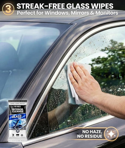EVEO Car Wipes Interior Cleaning Kit -3-in-1 Car Cleaning Wipes Car Interior Wipes | Interior Car Wipes, Car Cleaning Kit Interior & Exterior - Protectant, Glass and Cleaning All Surfaces (90 Wipes)
