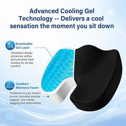 Gel Memory Foam Seat Cushion, Office Chair Cushion for Long Sitting – Dual-Layer Cooling & Slow Rebound Foam for Back & Sciatica Pain Relief, Memory Foam Seat Cushion for Office, Wheelchair, Car