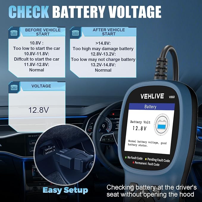 V860 Scanner for Car and Trucks,OBD2 Diagnostic Tools and Code Reader for Engine Check,Battery Test, O2 Sensor and EVAP Leak for Annual Check Readiness,Printable Export,Vehicle After 1996