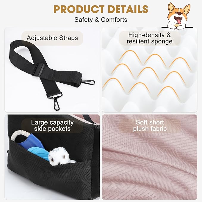 JOEJOY Dog Car Seats for Small Medium Dogs Under 35lbs, Dog Booster Seat with Detachable Washable Cover and Cushion, Memory Foam Pet Car Seat with Safety Belt and Storage Pockets (BP)