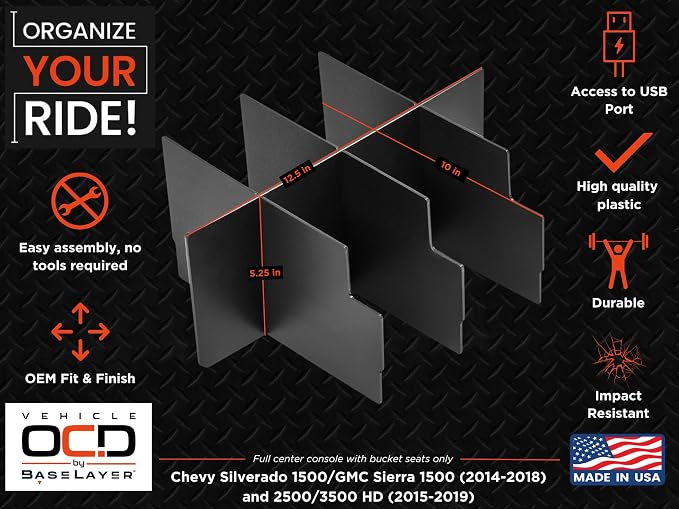 Vehicle OCD Center Console Organizer for Chevy Silverado 1500 / GMC Sierra 1500 (2014-18) & 2500/3500 HD (2015-19) (Full Console w/Bucket Seats ONLY) - Made in USA - SLX115