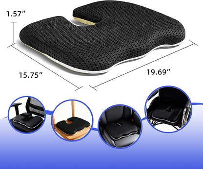 Gooo&Ma Car Seat Cushion & Office Chair Pad - Air Fiber Breathable U-Shape Cooling Cushion for Tailbone Comfort, Driving, Desk & Gaming, Ergonomic Washable Seat Pad with Non-Slip Base(Black)