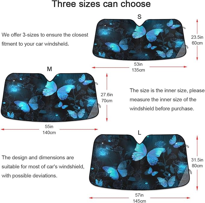 Windshield Sun Shade Blue Glowing Butterfly Dark Front Window Block UV Shades Visor Reflective Retractable for Car SUV Trucks