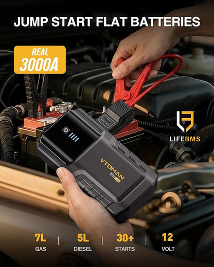 VTOMAN VL3 Jump Starter Upgraded with LiFePO4 Battery, 3000A Portable Car Battery Booster for Up to 7.0L Gas and 5.0L Diesel Engines, 12V Jump Box with LED Flashlight, Jumper Cable, Storage Bag