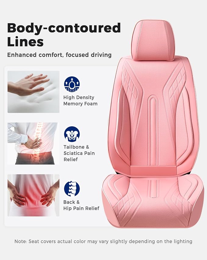 Huidasource Car Seat Covers Full Set, Universal Fit for Most Cars SUV Trucks, Full Coverage Nappa Leather Seat Cover, Airbag, Cupholder Compatible, Velcro Adjustable, Seat Function Retain, Pink