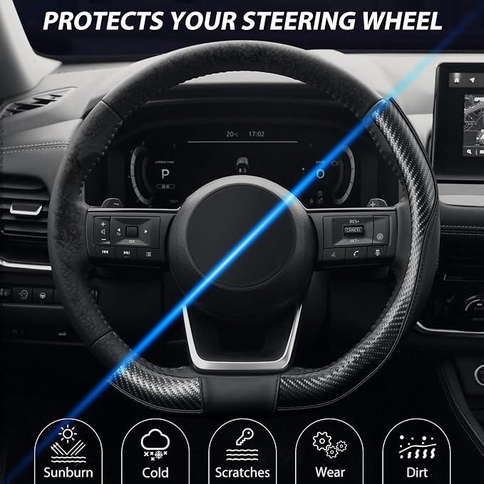 SEG Direct Flat Bottom Steering Wheel Cover, D Shaped Car Wheel Cover 14-14 1/4 in. (35.5-36 cm), for Tesla Model 3 / Y, for Camaro, Black Microfiber Leather with Carbon Fiber Pattern