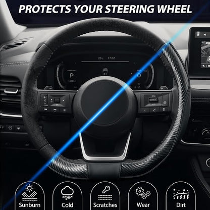 SEG Direct Flat Bottom Steering Wheel Cover, D Shaped Car Wheel Cover 14-14 1/4 in. (35.5-36 cm), for Tesla Model 3 / Y, for Camaro, Black Microfiber Leather with Carbon Fiber Pattern